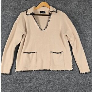 The Refinery Women's Cream Ribbed V Neck Sweater with Black Stitching  Sz Medium